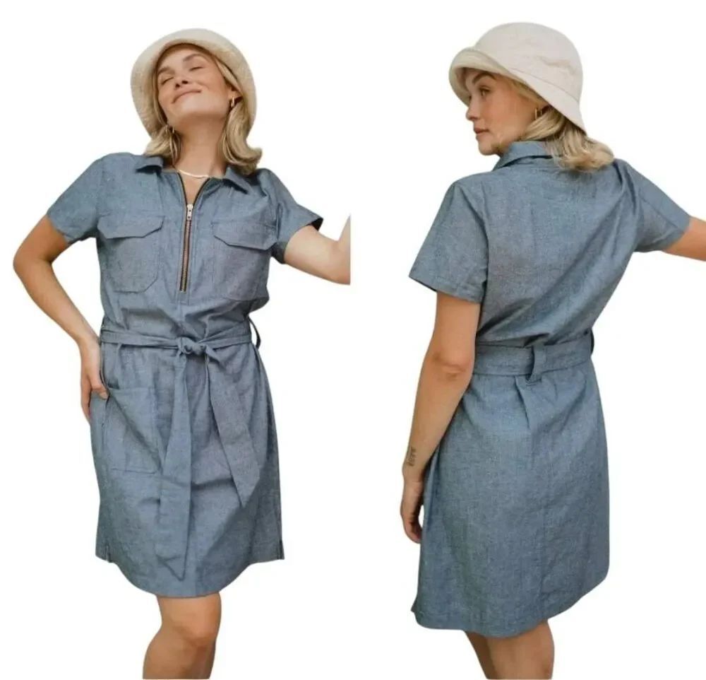 Albion Fit XL Cape Cod Blue Zip-Up Denim Utility Shirt Dress with Belt